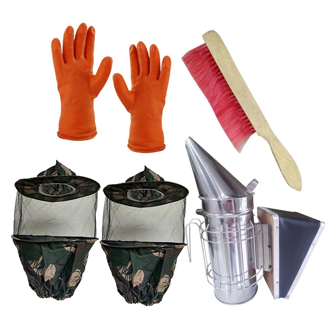 Beeshive Organic Beekeeping Combo – Smoker SS (1 Pc), Bee Veil Army (2 Pcs), Bee Brush (1 Pc), Rubber Gloves (1 Pair) | Complete Beekeeping Protection & Hive Maintenance Kit