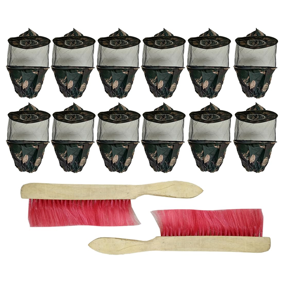 Beeshive Organic Bee Veil (Army) – 12 Pcs with Bee Brush – 2 Pcs | Professional Beekeeping Protection & Hive Management Combo