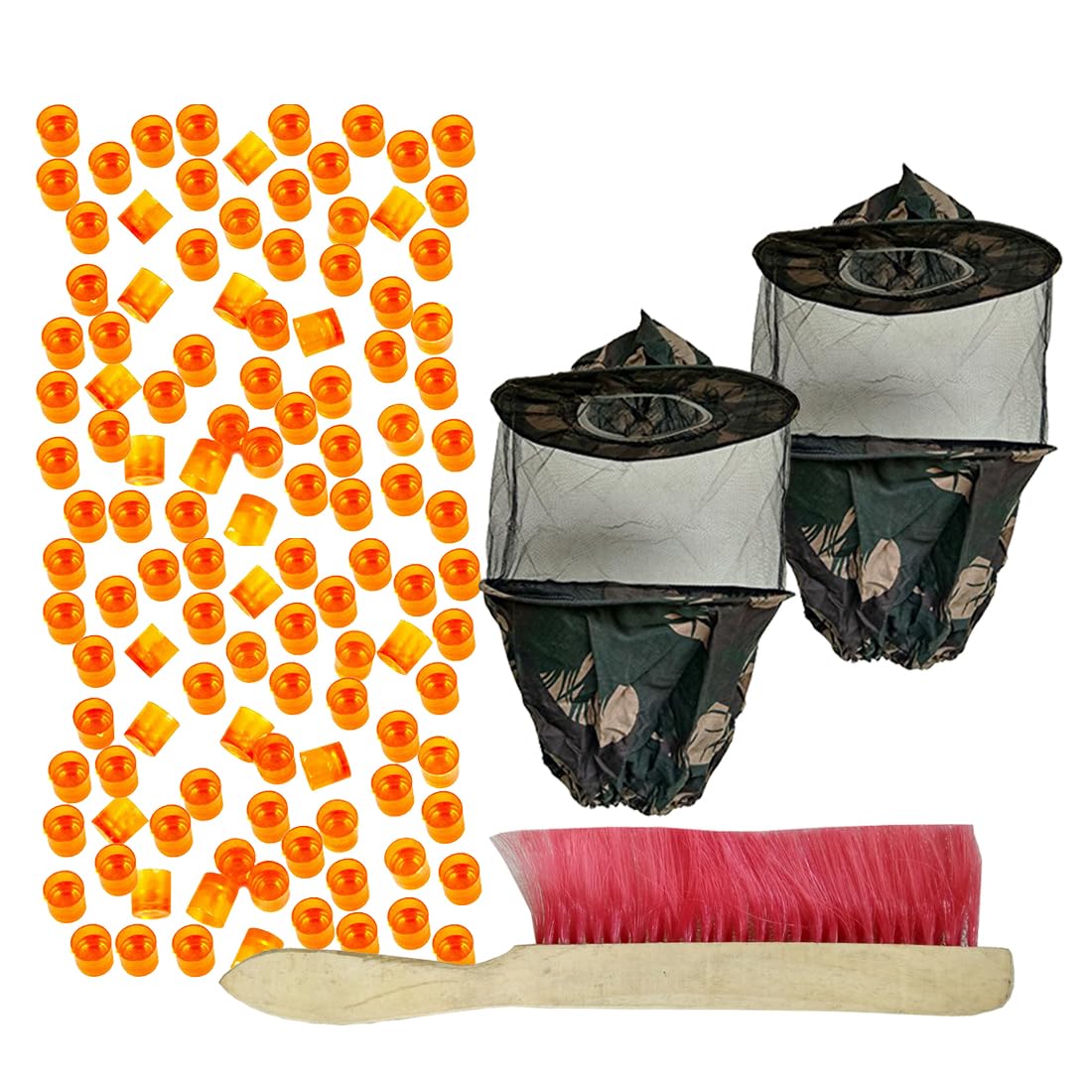 Beeshive Organic Bee Veil (Army) – 2 Pcs with Bee Brush (1 Pc) & Queen Cell Cup (100 Pcs) | Complete Beekeeping Protection & Queen Rearing Combo