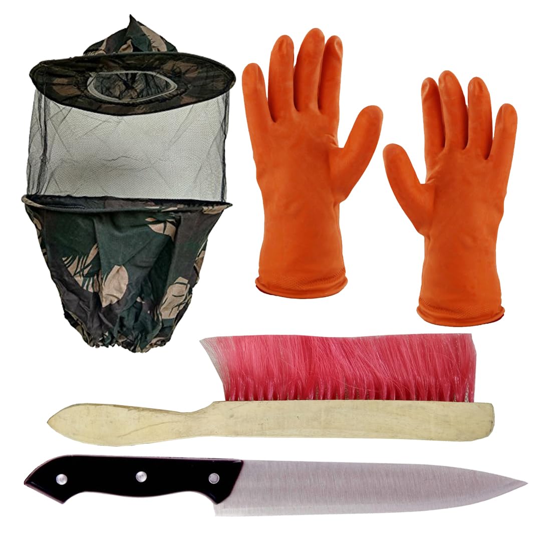 Beeshive Organic Bee Veil with Combo Pack (Army Veil, Bee Brush, Hive Knife, Rubber Gloves) – Professional Beekeeping Protective Equipment Kit