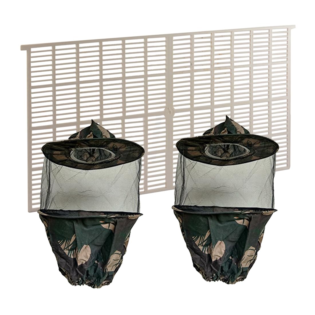Beeshive Organic Bee Veil Army (2 Pcs) and Frame Queen Excluder (1 Pc) | Complete Beekeeping Protection & Hive Management Combo